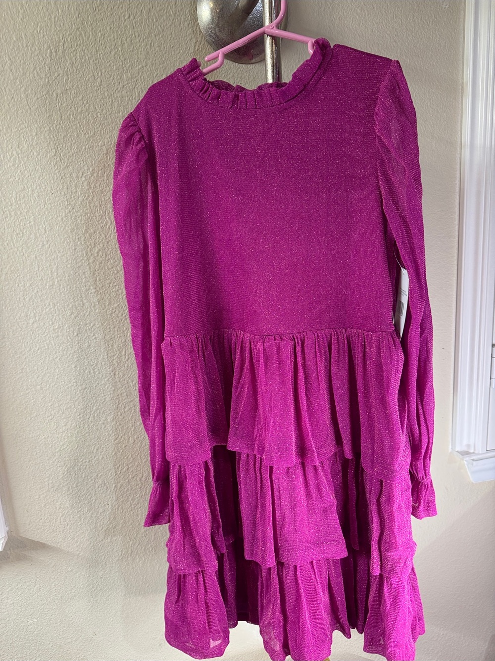 Girls Tiered Ruffled Long-Sleeve Dress in Fuchsia